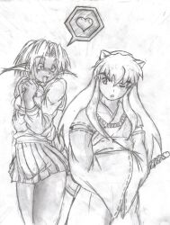  1boy absurdres aisha_clanclan bangs bell blush cat_ears cat_tail crossover female hand_drawn heart heart-shaped_pupils highres inuyasha inuyasha_(character) japanese_clothes jingle_bell katana long_hair long_pointy_ears looking_back miniskirt monochrome one_eye_closed open_mouth outlaw_star pleated_skirt pointy_ears school_uniform serafuku skirt spoken_heart sword symbol-shaped_pupils tail traditional_media 