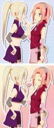  aqua_eyes banned_artist bike_shorts blonde_hair blouse blush closed_eyes couple finger_to_mouth hairband hand_on_hip heart highres indirect_kiss ino_yamanaka kissing long_hair midriff multiple_girls naruto naruto_(series) pink_hair ponytail sakura_haruno short_hair sleeveless yokige yuri 