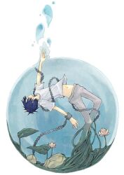  androgynous artist_request asphyxiation blue_hair bubble chains closed_eyes drowning flower flowers pants rock rocks seagrass shackle shackles short_hair transformation underwater water 