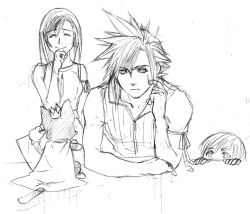  cait_sith cloud_strife cloud_tifa couple final_fantasy final_fantasy_vii marlene monochrome tifa_lockhart tifa_lockhart 