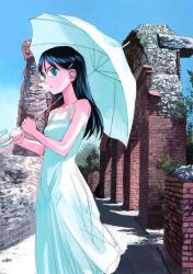  aida_yuu black_hair blue_eyes claes dress glasses gunslinger_girl italy long_hair parasol ruins solo umbrella 