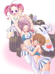  3girls brown_hair cheerleader multiple_girls pink_hair purple_hair racecar tickling twintails 