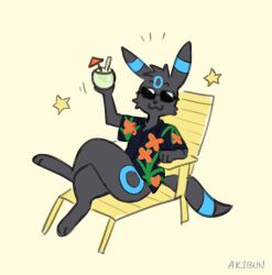  2024 :3 akibun alex_(epic_alex_furry) aloha_shirt anthro beach_chair beverage black_body black_fur blue_markings bottomless clothed clothing coconut coconut_drink colored crossed_legs digital_drawing_(artwork) digital_media_(artwork) drupe_(fruit) eeveelution eyewear food fruit fur generation_2_pokemon male markings nintendo pattern_clothing pattern_shirt pattern_topwear plant pokemon pokemon_(species) pokemorph shiny_pokemon shirt solo star sunglasses tail topwear umbreon 