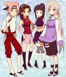  alternate_hairstyle banned_artist bike_shorts blouse blush cosplay costume_switch hairband headband hyuuga_hinata ino_yamanaka long_hair midriff multiple_girls naruto naruto_(series) sakura_haruno sandals short_hair shorts sleeveless standing tenten yokige 