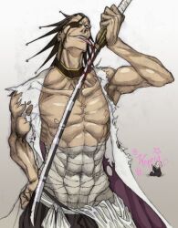  1boy abs artist_request bandage bandages black_hair bleach blood eyepatch female haori japanese_clothes kusajishi_yachiru licking male male_focus manly muscle pink_hair scar solo source_request spiked_hair sword taichou_haori tongue tongue_out torn_clothes traditional_media weapon zaraki_kenpachi 