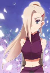  aqua_eyes arms_behind_back banned_artist blonde_hair blush cherry_blossoms earrings fishnets hair_ornament hair_over_one_eye hairclip ino_yamanaka jewelry long_hair midriff miniskirt naruto naruto_(series) ponytail skirt solo standing yokige 