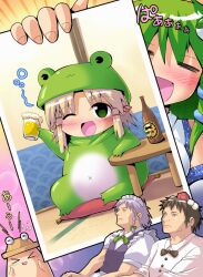  &gt;_&lt; :d =_= alcohol animal_costume beer black_hair blonde_hair closed_eyes expressionless frog frog_costume gaijin_4koma green_eyes green_hair hat izayoi_sakuya kaenbyou_rin kaenbyou_rin_(cat) kochiya_sanae kurogarasu maid moriya_suwako multiple_girls open_mouth photo_(object) shameimaru_aya silver_hair smile tokin_hat touhou 