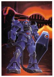  1970s_(style) 1980s_(style) absurdres aircraft box_art desert dusk gaw gouf gundam highres looking_at_viewer mecha mecha_focus mobile_suit mobile_suit_gundam official_art one-eyed ookawara_kunio painting_(medium) red_eyes retro_artstyle robot scan science_fiction shield shoulder_spikes spikes thrusters traditional_media whip 