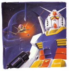  1970s_(style) absurdres beam_rifle border concept_art core_fighter dated dopp energy_gun glowing glowing_eye gun gundam highres holding holding_gun holding_weapon horns looking_at_viewer mecha mecha_focus mobile_suit mobile_suit_gundam no_humans official_art one-eyed ookawara_kunio orange_eyes painting_(medium) promotional_art retro_artstyle robot rx-78-2 scan science_fiction signature single_horn space spacecraft star_(sky) starfighter traditional_media upper_body v-fin weapon white_border yellow_eyes zaku_ii_s_char_custom 