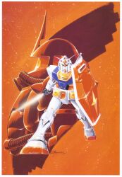  energy_sword gundam highres mecha mobile_suit_gundam official_art okawara_kunio ookawara_kunio rx-78-2 shield sword weapon zaku zaku_ii 