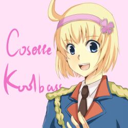  blonde_hair blue_eyes cosette_coalhearth cosette_koolhaas female female hairband lowres military military_uniform necktie open_mouth senjou_no_valkyria senjou_no_valkyria_2 short_hair solo stluc uniform 