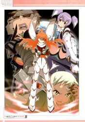  3boys 3girls absurdres ahoge blush bodysuit buster_machine_7 casio_takashirou dark_skin dix-neuf highres kantoku lal&#039;c_mellk_mal long_hair multiple_boys multiple_girls nichola_vacheron nono_(top_wo_nerae_2!) official_art orange_hair purple_hair red_eyes scarf short_hair top_wo_nerae_2! twintails tycho_science white_bodysuit white_hair yellow_eyes 