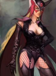  blonde_hair boots breasts cape cleavage commentary_request cuson doronjo elbow_gloves female fishnet_pantyhose fishnets gloves leather long_hair mask medium_breasts pantyhose photoshop_(medium) realistic solo thigh_boots thighhighs time_bokan_(series) yatterman 