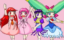  4girls background blank_expression blue_eyes blue_hair bored bow crown demon_girl dress heart horns konjiki_no_gash konjiki_no_gash!! koruru laila long_hair lowres multiple_girls oekaki open_mouth patty_(gash_bell) patty_(konjiki_no_gash!!) penny_(zatch_bell) pink_background pink_eyes pink_hair pose purple_eyes purple_hair red_eyes red_hair red_hair short_hair simple simple_background smile sweat tio_(gash_bell) tio_(konjiki_no_gash!!) tio_(zatch_bell) twintails violet_eyes wink 