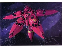  beam_cannon crossbone_vanguard dated gundam gundam_f91 highres insignia letterboxed mecha mecha_focus mobile_armor nebula no_humans ookawara_kunio rafflesia_(gundam) robot scan science_fiction signature space star_(sky) tentacle thrusters 