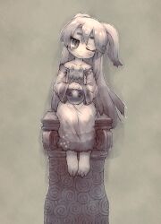  bare_shoulders barefoot grey long_hair monochrome one_eye_closed original pedestal pillar sankuma sitting solo 