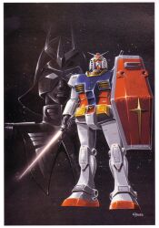  char_aznable energy_sword gundam helmet highres mask mecha mobile_suit_gundam official_art okawara_kunio ookawara_kunio rx-78-2 shield sword weapon 