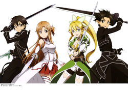  2girls absurdres armor asuna_(sao) bare_shoulders black_eyes black_gloves black_hair black_iron_great_sword blonde_hair breastplate breasts brown_eyes brown_hair cleavage dark_repulser detached_sleeves dress dual_wielding elf elucidator fingerless_gloves gloves green_eyes habe_takashi hair_ornament highres holding holding_sword holding_weapon kirito kirito_(sao-alo) knights_of_blood_uniform_(sao) lambent_light large_breasts leafa long_hair long_sleeves looking_at_viewer miniskirt multiple_girls official_art open_mouth pleated_skirt pointy_ears ponytail rapier red_skirt short_hair simple_background skirt spiked_hair sword sword_art_online thighhighs thighs unsheathed very_long_hair weapon white_armor white_background white_dress white_sleeves white_thighhighs 