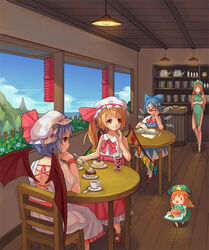  animal_ears ankle_socks backless_outfit bandana bat_wings blonde_hair blue_dress blue_hair blue_sky book bow braid breasts cake ceiling chair china_dress chinese_clothes cirno closed_eyes cloud counter cup day dress drink fence flandre_scarlet flower food funny_glasses glass glasses hairbow hand_on_own_chin hands_together hat hat_ribbon head_rest hong_meiling lamp landscape lavender_hair light long_hair mary_janes medium_breasts minigirl mio-muo1206 mob_cap mountain mouse_ears multiple_girls no_socks paper pen pink_dress red_dress red_eyes red_hair remilia_scarlet restaurant ribbon saucer shelf shoes short_hair short_sleeves side_ponytail sitting sky sleeveless spoon star table teacup teapot touhou twin_braids wings wooden_floor 