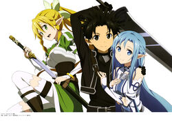  1boy 2girls absurdres asuna_(sao) asuna_(sao-alo) bare_shoulders black_gloves black_hair black_iron_great_sword blonde_hair blue_eyes blue_hair detached_sleeves elf gloves green_eyes hair_ornament highres holding holding_sheath holding_sword holding_weapon katana kirito kirito_(sao-alo) leafa long_hair looking_at_viewer multiple_girls nakamura_naoto official_art open_mouth pointy_ears ponytail sheath simple_background smile spiked_hair sword sword_art_online thighhighs unsheathed unsheathing very_long_hair weapon white_background white_thighhighs 