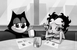  anthro ashtray betty_boop betty_boop_(series) black_body black_fur black_hair black_pepper bracelet breasts cigarette cleavage clothed clothing container crossover cup domestic_cat duo ear_piercing felid feline felis felix_the_cat felix_the_cat_(series) female fleischer_style_toon food fur furniture greyscale hair holding_container holding_cup holding_object human inside jewelry looking_at_viewer male mammal monochrome nude paramount_pictures piercing salt short_hair sitting smile smoke smoking steam stevenraybrown table toony window 