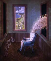  bad_id bad_pixiv_id book chair cloud female fumiyomogi herringbone highres horizon indoors lighthouse ocean original plant scenery shoes sitting skirt socks solo surreal tree wainscoting water window 