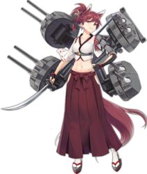  animal_ears armor azur_lane breasts brown_hair collarbone crop_top female fox_ears fox_tail full_body hair_bun hair_ornament hakama hakama_skirt hand_on_own_hip hip_vent holding holding_weapon ise_(azur_lane) japanese_clothes katana kisetsu ladder machinery medium_breasts midriff navel official_art orange_eyes range_finder red_hakama ribbon-trimmed_sleeves ribbon_trim rigging sakuramon short_hair shoulder_armor single_hair_bun skirt smile socks solo standing sword tachi-e tail transparent_background turret weapon white_socks 