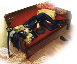  1boy black_hair cape commentary_request devil_summoner_(series) gouto hat kuzunoha_raidou male_focus raizou sheath sheathed shin_megami_tensei shoes sideburns sleeping solo sword unworn_cape unworn_shoes weapon 