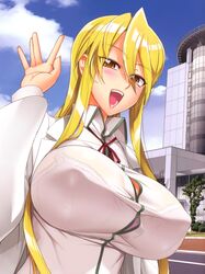  blonde_hair bra breasts erect_nipples female female happy highres highschool_of_the_dead large_breasts looking_at_viewer marikawa_shizuka open_mouth satou_shouji see-through smile solo underwear 