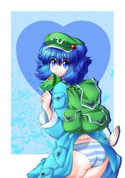  absurdres ass backpack bag blue_eyes blue_hair commentary_request female hair_bobbles hair_ornament hat highres kawashiro_nitori md5_mismatch panties raionsan short_hair solo striped_clothes striped_panties touhou two_side_up underwear 