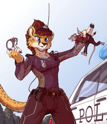  2015 angry anthro auburn_hair belt blue_eyes car cheetah cheetah_cop_(tirrel) clothing cuff_(restraint) day duo electronics extreme_size_difference eye_contact felid feline female fur furgonomics gun hair handcuffs handgun hat headgear headwear hi_res holding_character holster knife larger_anthro larger_female looking_at_another male mammal markings metal_cuffs micro micro_anthro micro_in_hand microphone motor_vehicle murid murine open_mouth outside pinched pistol plant police police_car police_uniform police_vehicle radio ranged_weapon rat restraints rodent shackles size_difference sky smaller_anthro smaller_male spots spotted_body spotted_fur tirrel tree uniform utility_belt vehicle weapon 