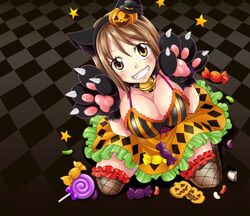  animal_ears breasts brown_eyes brown_hair candy cat_bell cat_ears cat_paws choker cleavage elie female from_above hair_ornament halloween kneeling large_breasts pumpkin rave smile thighhighs 