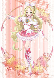  beamed_eighth_notes blonde_hair blush boots bow brooch choker commentary_request cure_rhythm dress earrings female flower green_eyes heart jewelry knee_boots long_hair magical_girl minamino_kanade musical_note ocha_(hutuumikan) open_mouth photoshop_(medium) precure solo suite_precure white_choker wrist_cuffs 