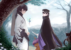  2boys black_hair cape character_request closed_eyes commentary_request day devil_summoner_(series) feline gouto gun handgun hat holster holstered kuzunoha_raidou male_focus multiple_boys obariyon_(megami_tensei) outdoors pixie_(megami_tensei) revolver shako_cap shin_megami_tensei sideburns sword weapon youjo_(kurukuru9696) 