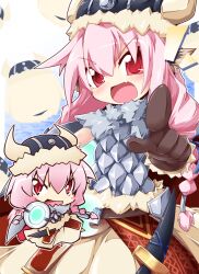  alfhild animal_ears armor braid chibi commentary_request dai_(series) daiteikoku female gloves helmet horns oerba_yun_fang pink_hair pointing red_eyes reku twin_braids viking 