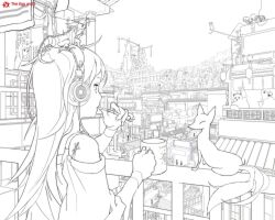  animal_ears architecture bad_id circle_a cityscape cup east_asian_architecture feline female fox fox_ears headphones iguana lantern line_art monochrome mug mug_writing original panda paper_lantern photoshop_(medium) print_mug robot solo tattoo unfinished water_wheel 