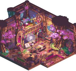  blink_(kaze_no_shuuchaku-eki) book broom cherry_blossoms commentary_request dollhouse_view fantasy floorplan interior isometric jack-o&#039;-lantern lowres monkey no_humans original pixel_art pumpkin scenery shop transparent_background 