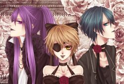  aqua_eyes blue_hair dress eyepatch imitation_black_(vocaloid) kagamine_len kaito kamui_gakupo nekomaru purple_eyes purple_hair vocaloid yellow_eyes yellow_hair 