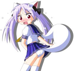  animal_ears ass blue_skirt blush bow commentary_request cosplay female hairbow hiiragi_kagami katou_emiri kyubey_(cosplay) kyuubee looking_at_viewer looking_back lucky_star mahou_shoujo_madoka_magica mahou_shoujo_madoka_magica_(anime) panties pleated_skirt print_panties purple_hair red_eyes rindou_(awoshakushi) ryouou_school_uniform school_uniform serafuku shadow skirt solo surprised sweatdrop tail thighhighs tsurime underwear voice_actor_connection white_background white_panties white_thighhighs 