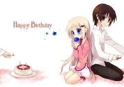  1boy bad_id bad_pixiv_id bat_(animal) bat_hair_ornament cake candle female food hair_ornament little_busters! long_hair miyu_(matsunohara) naoe_riki noumi_kudryavka seiza sitting 