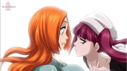  2girls bleach colorized dokugamine_riruka hat inoue_orihime kubo_tite multiple_girls orange_hair pink_hair 