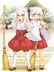  1boy :&lt; adapted_uniform animal_ears armpits bamboo_broom broom brother_and_sister commentary_request dog_boy dog_ears dog_girl dog_tail female frown full_body grey_hair holding holding_broom japanese_clothes koma_(neko_musume_michikusa_nikki) komainu looking_at_viewer miko neko_musume_michikusa_nikki onono_imoko otoko_no_ko sandals shishimaru_(neko_musume_michikusa_nikki) siblings standing tail white_legwear yellow_eyes zouri 