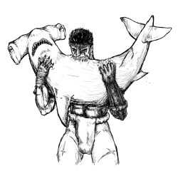  &gt;_&lt; 1boy absurdres berserk biting bulge closed_eyes drawfag eating greyscale guts_(berserk) hammerhead_shark highres imageboard_desourced loincloth male_focus manly monochrome non-web_source scar shark solo tears 