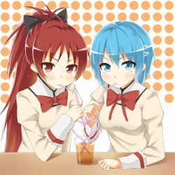  2girls bad_id bad_pixiv_id blue_eyes blue_hair crazy_straw cup drink drinking_straw heart_straw heirou long_hair looking_at_viewer mahou_shoujo_madoka_magica mahou_shoujo_madoka_magica_(anime) miki_sayaka mitakihara_school_uniform multiple_girls ponytail red_eyes red_hair sakura_kyoko school_uniform shared_drink short_hair 