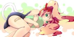  bandaid bandaid_on_leg cat_tail commentary_request female green_eyes hair_ribbon kapipopo kickboard lying on_side one-piece_swimsuit original pink_hair ribbon school_swimsuit solo swimsuit tail twintails 