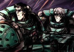  2boys adeptus_astartes armor black_hair blue_eyes bolter elizaveta_bikuin garviel_loken grey_hair male_focus multiple_boys short_hair tarik_torgaddon warhammer_40k weapon 