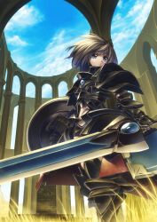  absurdres armor blue_eyes breastplate brown_hair cloud commentary_request day female garuku gauntlets greaves highres huge_weapon original pauldrons photoshop_(medium) runes shield short_hair shoulder_armor sky solo sword weapon 