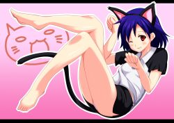  animal_ears barefoot blue_hair blush cat_ears cat_tail commentary_request feet female highres kemonomimi_mode letterboxed one_eye_closed panties pantyshot paw_pose photoshop_(medium) red_eyes shidou_misaki softenni solo sportswear tail tomohiro_kai underwear 