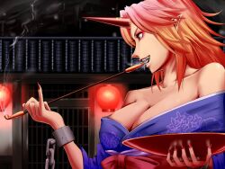  bad_id bad_pixiv_id bare_shoulders breasts chains cleavage cuffs cup female horns hoshiguma_yuugi hoshiguma_yuugi_(kimono) japanese_clothes kimono kirisaki_akihito kiseru large_breasts long_hair off_shoulder pointy_ears purple_kimono red_eyes sakazuki single_horn smoking_pipe solo touhou upper_body 