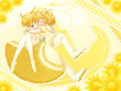  blue_eyes dress flowers kagamine_len kagamine_rin ribbons vocaloid yellow_hair 